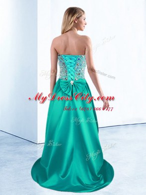 A-line Red Carpet Gowns Teal Sweetheart Satin Sleeveless High Low Lace Up