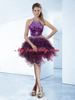 Halter Top Sleeveless Organza Knee Length Zipper Prom Gown in Dark Purple with Beading