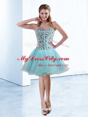 Extravagant Light Blue A-line Beading Womens Party Dresses Lace Up Organza Sleeveless Knee Length
