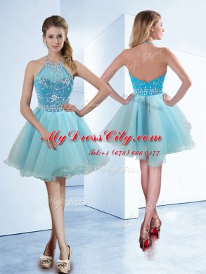 Simple Light Blue Organza Zipper Halter Top Sleeveless Knee Length Prom Gown Beading