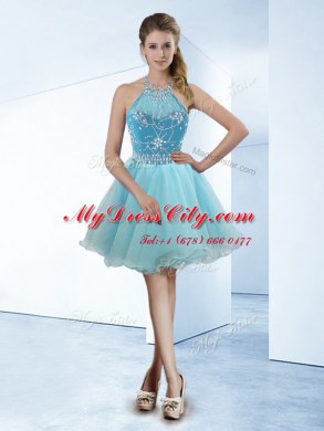 Simple Light Blue Organza Zipper Halter Top Sleeveless Knee Length Prom Gown Beading