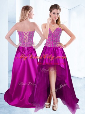 Glamorous Fuchsia Lace Up Sweetheart Beading Red Carpet Prom Dress Satin Sleeveless