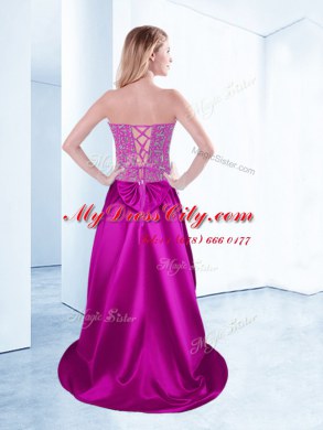 Glamorous Fuchsia Lace Up Sweetheart Beading Red Carpet Prom Dress Satin Sleeveless