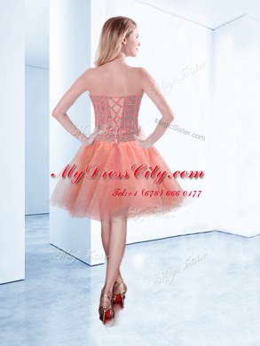 Mini Length Lace Up Party Dress Peach for Prom and Party with Beading