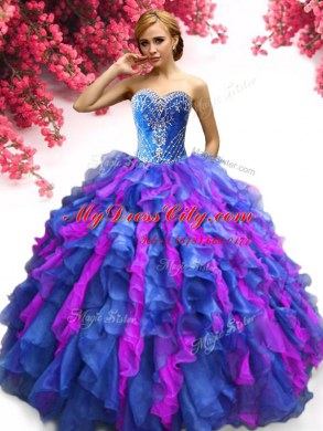 Popular Sweetheart Sleeveless Lace Up Quince Ball Gowns Multi-color Organza