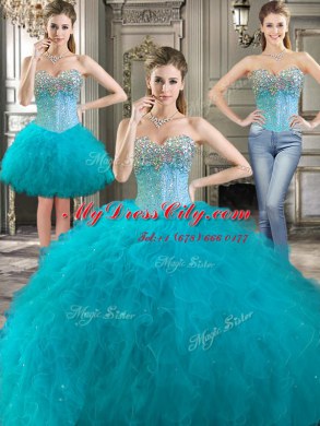 Three Piece Beading and Ruffles Sweet 16 Quinceanera Dress Aqua Blue Lace Up Sleeveless Floor Length