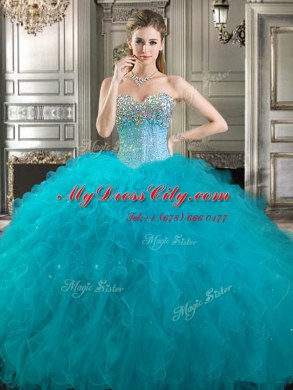 Three Piece Beading and Ruffles Sweet 16 Quinceanera Dress Aqua Blue Lace Up Sleeveless Floor Length