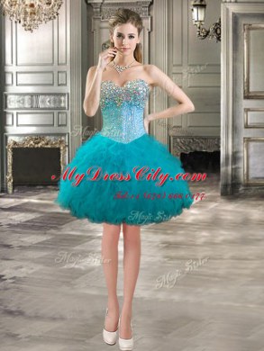 Three Piece Beading and Ruffles Sweet 16 Quinceanera Dress Aqua Blue Lace Up Sleeveless Floor Length