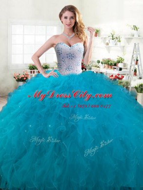 Teal Sleeveless Beading and Ruffles Floor Length Quinceanera Dresses