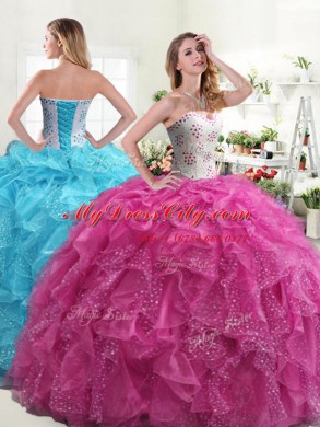 Floor Length Hot Pink Sweet 16 Dress Sweetheart Sleeveless Lace Up