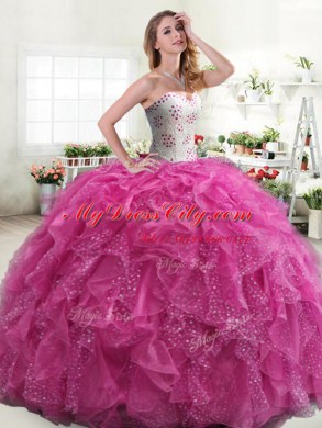 Floor Length Hot Pink Sweet 16 Dress Sweetheart Sleeveless Lace Up