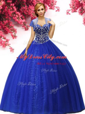 Elegant Sleeveless Tulle Floor Length Lace Up 15th Birthday Dress in Royal Blue with Beading
