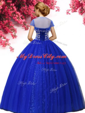 Elegant Sleeveless Tulle Floor Length Lace Up 15th Birthday Dress in Royal Blue with Beading