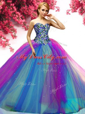 Perfect Multi-color Ball Gowns Beading Quinceanera Gowns Lace Up Tulle Sleeveless Floor Length