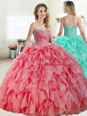 Great Watermelon Red and Coral Red Sweetheart Lace Up Beading Sweet 16 Dresses Sleeveless