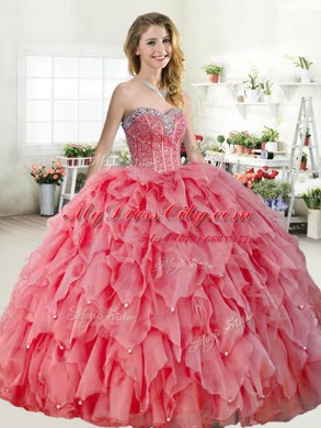 Great Watermelon Red and Coral Red Sweetheart Lace Up Beading Sweet 16 Dresses Sleeveless