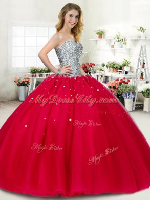 Wonderful Beading 15 Quinceanera Dress Red Lace Up Sleeveless Floor Length
