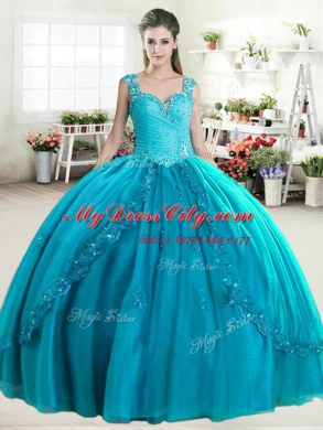 Elegant Teal Zipper Sweet 16 Dresses Beading Sleeveless Floor Length