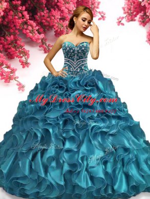 Teal Lace Up Quinceanera Gown Beading and Ruffles Sleeveless Floor Length