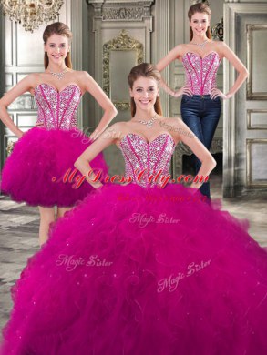 Sweet Three Piece Fuchsia Sweetheart Neckline Beading and Ruffles Vestidos de Quinceanera Sleeveless Lace Up