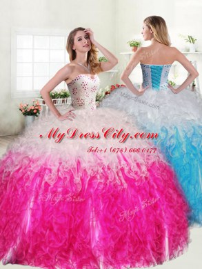 Edgy Sleeveless Organza Floor Length Lace Up Quinceanera Gowns in Pink And White with Beading and Ruffles