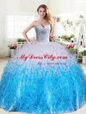 Edgy Sleeveless Organza Floor Length Lace Up Quinceanera Gowns in Pink And White with Beading and Ruffles