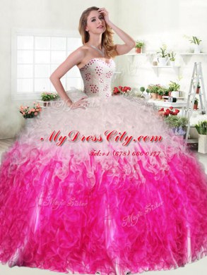Edgy Sleeveless Organza Floor Length Lace Up Quinceanera Gowns in Pink And White with Beading and Ruffles