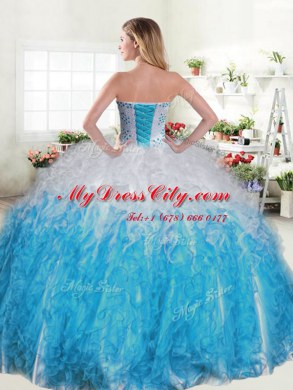 Edgy Sleeveless Organza Floor Length Lace Up Quinceanera Gowns in Pink And White with Beading and Ruffles