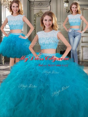 Artistic Three Piece Floor Length Teal Sweet 16 Dress Scoop Cap Sleeves Backless