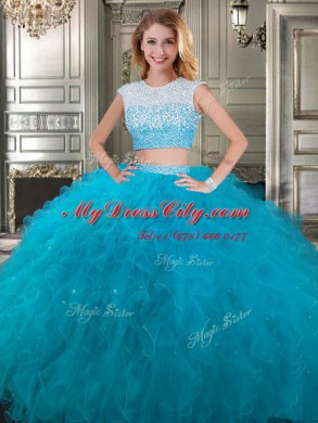 Artistic Three Piece Floor Length Teal Sweet 16 Dress Scoop Cap Sleeves Backless