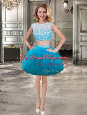 Artistic Three Piece Floor Length Teal Sweet 16 Dress Scoop Cap Sleeves Backless