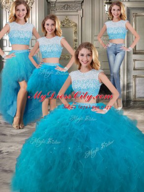 Affordable Four Piece Teal Scoop Lace Up Beading and Ruffles Sweet 16 Dress Cap Sleeves