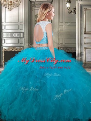 Affordable Four Piece Teal Scoop Lace Up Beading and Ruffles Sweet 16 Dress Cap Sleeves