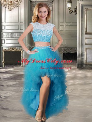 Affordable Four Piece Teal Scoop Lace Up Beading and Ruffles Sweet 16 Dress Cap Sleeves