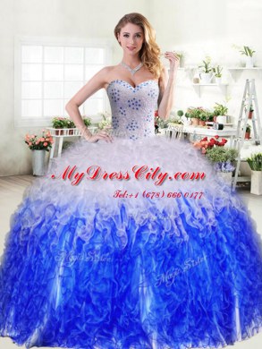 Best Selling Organza Sweetheart Sleeveless Lace Up Beading and Ruffles Quinceanera Dresses in Blue And White