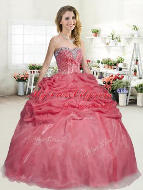 Dynamic Coral Red Organza Lace Up Sweet 16 Dress Sleeveless Floor Length Beading and Pick Ups