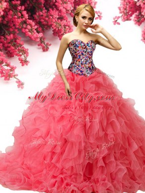 With Train Lace Up Quince Ball Gowns Coral Red for Military Ball and Sweet 16 and Quinceanera with Beading and Ruffles Brush Train