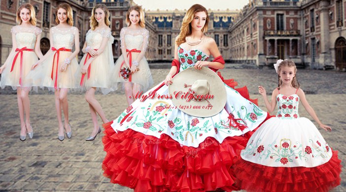 Fantastic Floor Length Ball Gowns Sleeveless White And Red Sweet 16 Quinceanera Dress Lace Up