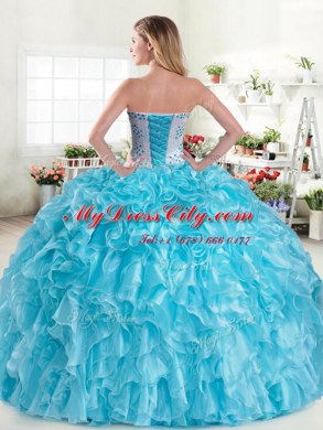 Beading and Ruffles Quinceanera Gowns Aqua Blue Lace Up Sleeveless Floor Length
