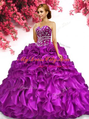 Superior Fuchsia Ball Gowns Sweetheart Sleeveless Organza Floor Length Lace Up Beading and Ruffles Quince Ball Gowns