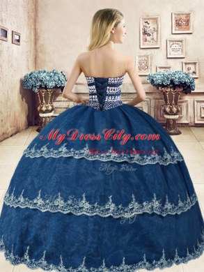 Fashion Navy Blue Ball Gowns Beading and Appliques Sweet 16 Dresses Lace Up Organza Sleeveless Floor Length