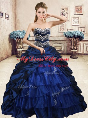 Sleeveless Floor Length Beading and Appliques and Ruffled Layers and Pick Ups Lace Up Quinceanera Gown with Navy Blue