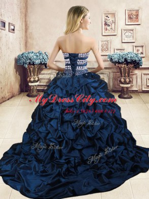 Sleeveless Floor Length Beading and Appliques and Ruffled Layers and Pick Ups Lace Up Quinceanera Gown with Navy Blue