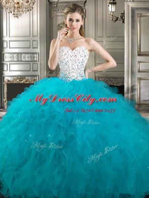 Four Piece White and Teal Ball Gowns Tulle Sweetheart Sleeveless Beading and Ruffles Floor Length Lace Up Quinceanera Gown