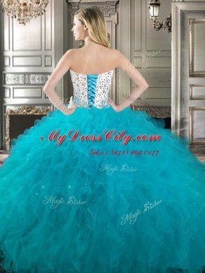 Four Piece White and Teal Ball Gowns Tulle Sweetheart Sleeveless Beading and Ruffles Floor Length Lace Up Quinceanera Gown