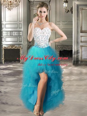Four Piece White and Teal Ball Gowns Tulle Sweetheart Sleeveless Beading and Ruffles Floor Length Lace Up Quinceanera Gown