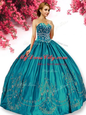 Turquoise Sleeveless Floor Length Embroidery Lace Up 15th Birthday Dress