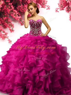 Fuchsia Sleeveless Organza Lace Up Quince Ball Gowns for Military Ball and Sweet 16 and Quinceanera