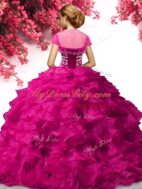 Fuchsia Sleeveless Organza Lace Up Quince Ball Gowns for Military Ball and Sweet 16 and Quinceanera