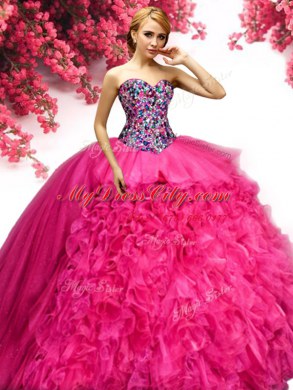 Hot Pink Sweetheart Lace Up Beading and Ruffles Quinceanera Dresses Sleeveless